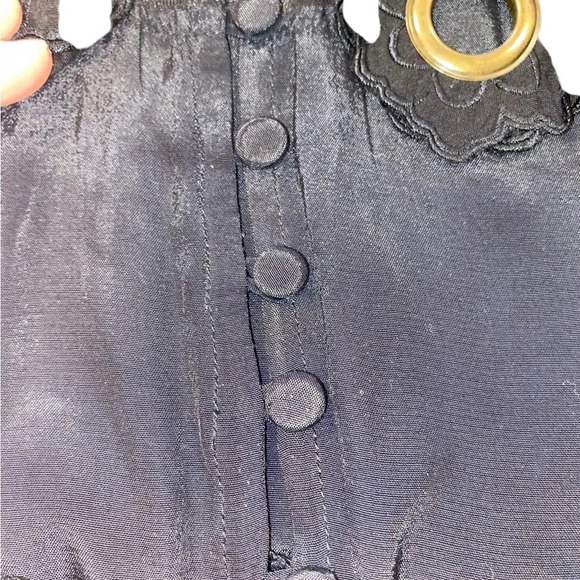 Free People Mini Dress Black Crepe Appliqué Grommet Mesh Neckline - Picture 13 of 14